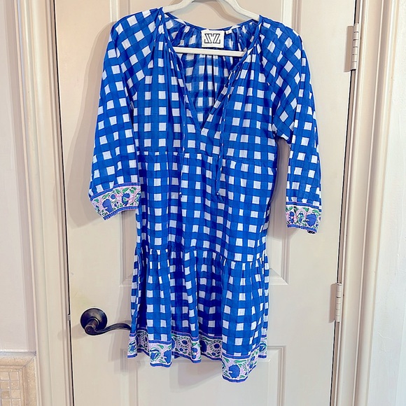 Blue Gingham SZ Blockprints Tuckernuck Priya Dress  w/Flower Details Sz S EUC - Picture 3 of 5